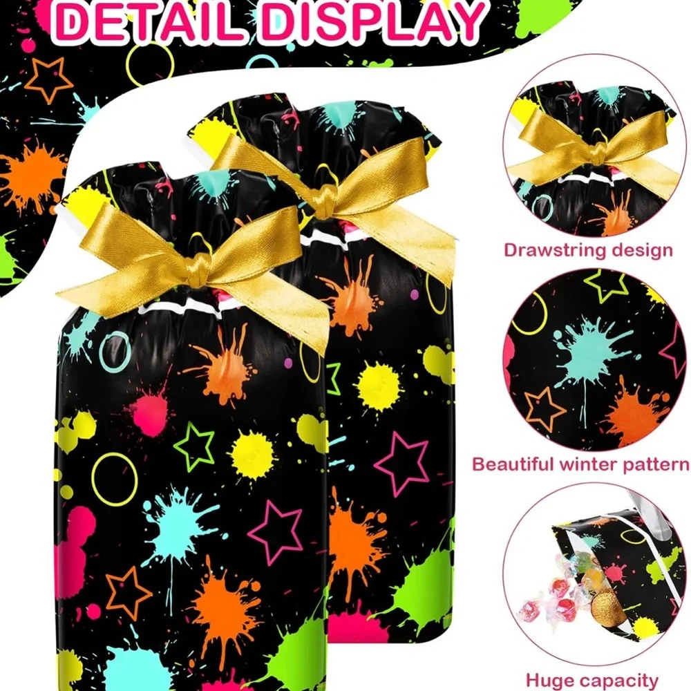 50 Neon Splatter Party Favor Bags with Gold Ribbon Plastic with Drawstring